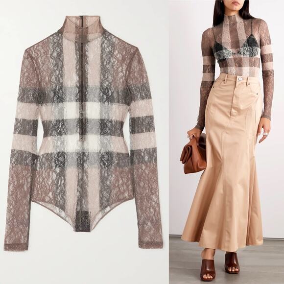 Burberry Checked Stretch-Knit Long Sleeve High Neck Bodysuit in Dark Birch Brown - Picture 3 of 17